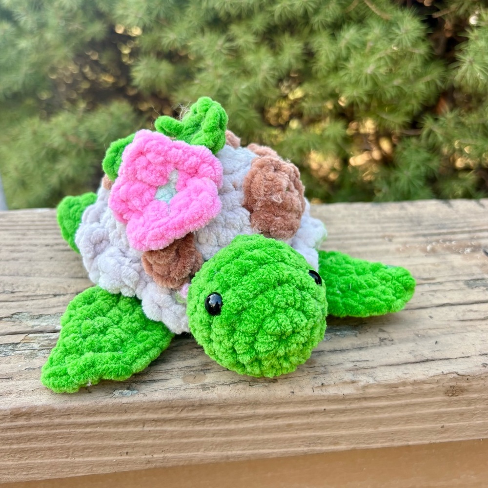 Handmade amigurumi garden themed turtle plush
